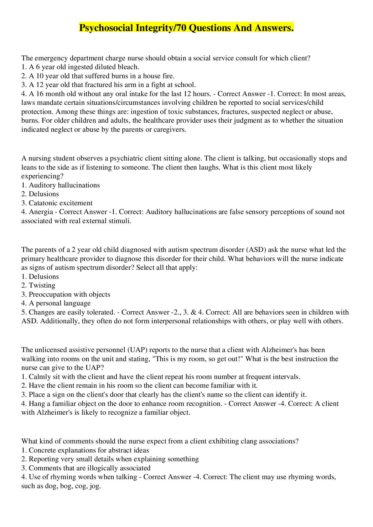 Preview image for Psychosocial Integrity/70 Questions And Answers.